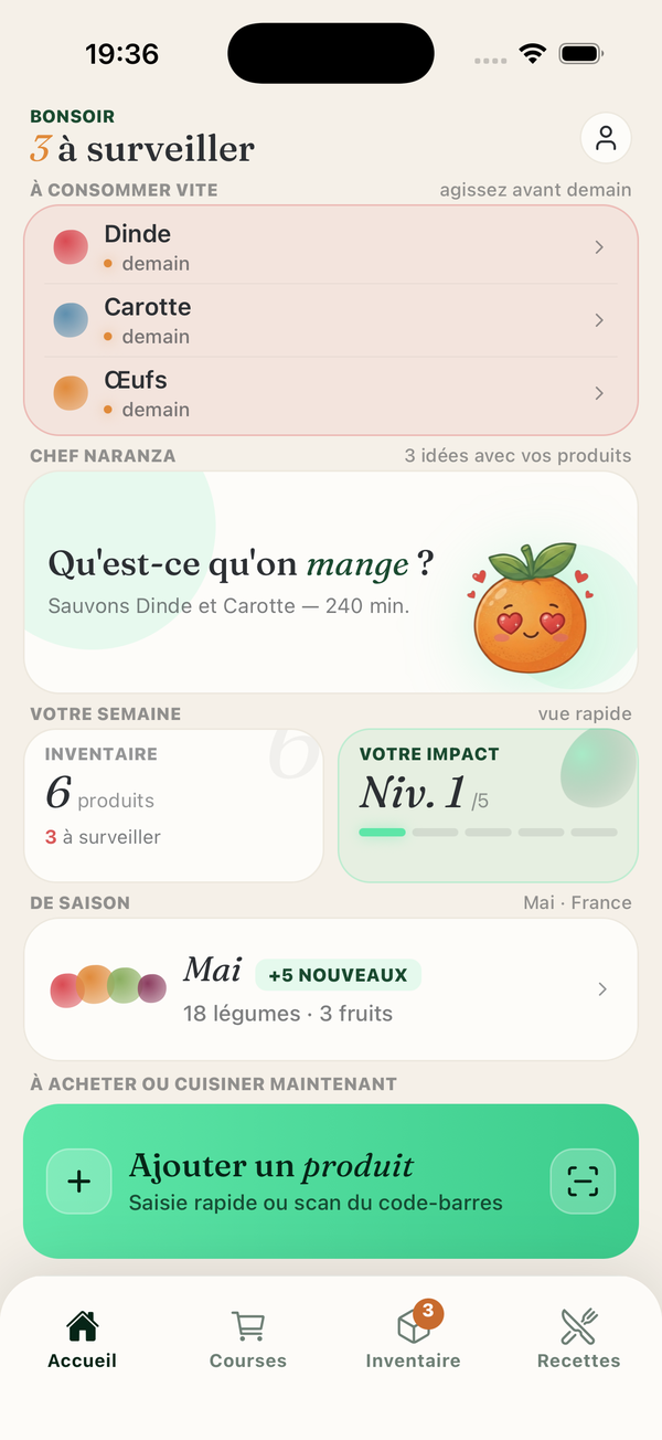 Écran d'accueil de Naranza avec alertes à consommer vite